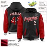 Custom Name Number Black Red-White Varsity Letterman Two Tone Bomber Hoodie Jacket Personalized Black Red-White Bomber Full-Snap