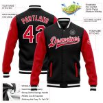 Personalized Two Tone Bomber Jacket Black Red-White Full-Snap Varsity Letterman Personalized Black Red-White Bomber Full-Snap