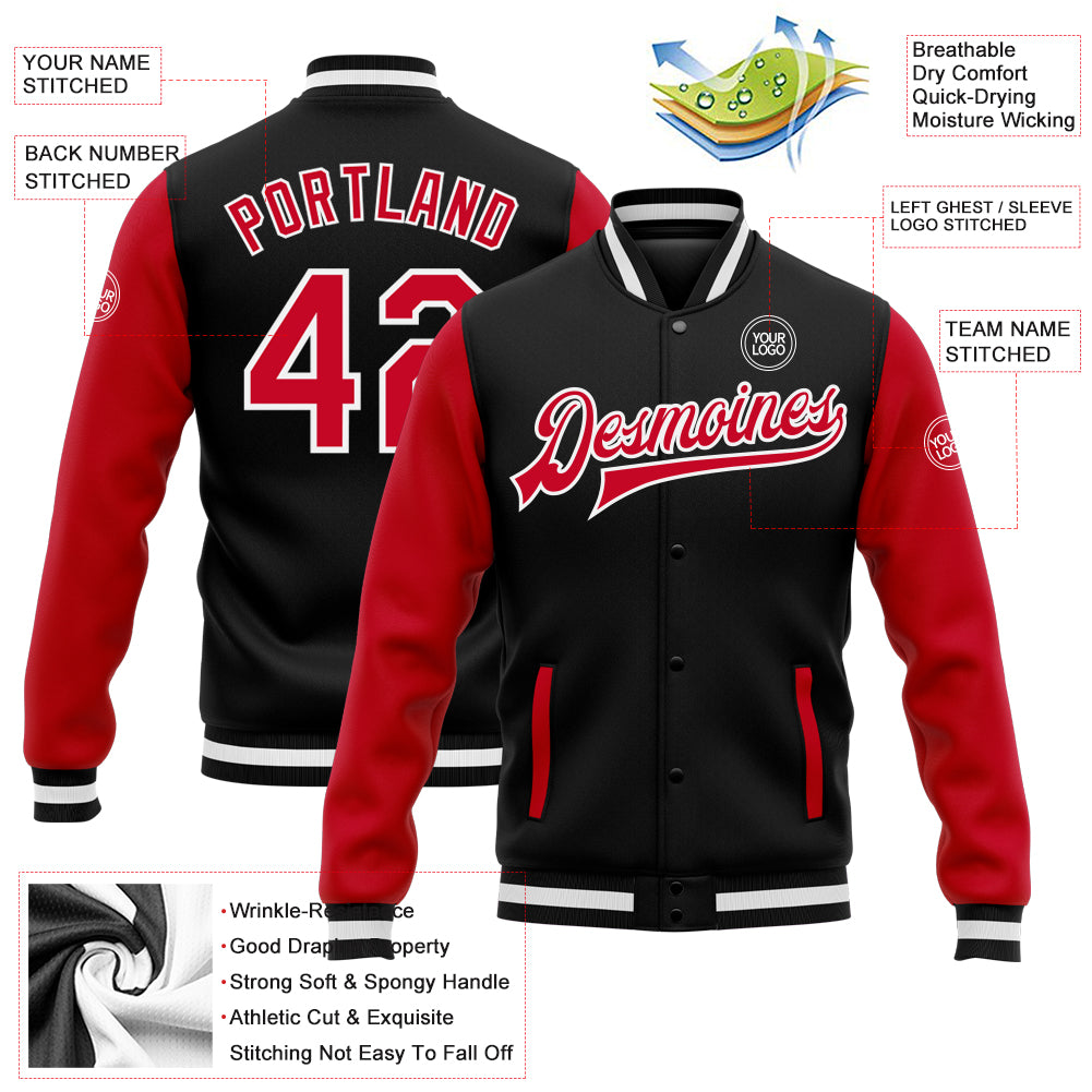 Personalized Two Tone Bomber Jacket Black Red-White Full-Snap Varsity Letterman Personalized Black Red-White Bomber Full-Snap - Image 5