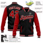 Personalized Black Red White Varsity Letterman Bomber Full-Snap Two Tone Jacket Personalized Black Red-White Bomber Full-Snap