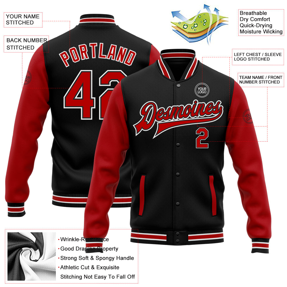 Personalized Black Red White Varsity Letterman Bomber Full-Snap Two Tone Jacket Personalized Black Red-White Bomber Full-Snap - Image 5