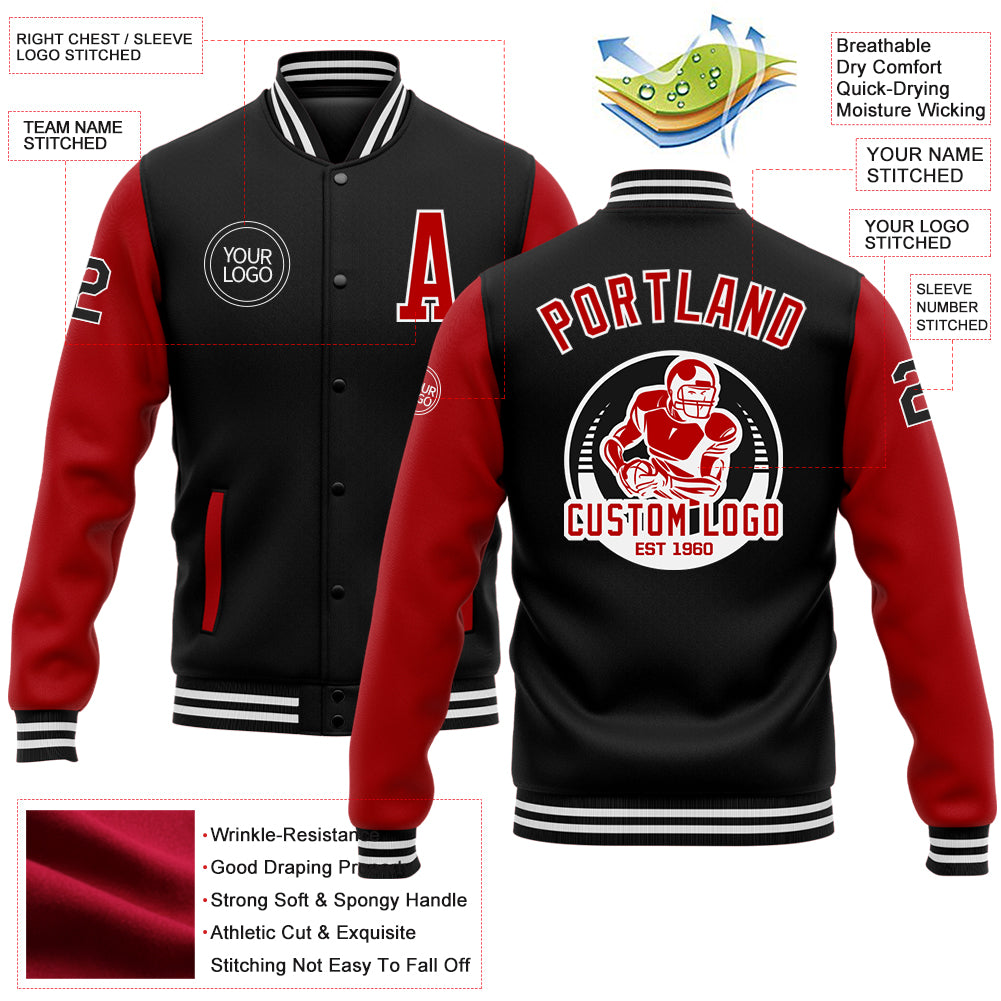Personalized Varsity Letterman Jacket Black Red White Two Tone Full-Snap Bomber Personalized Black Red-White Bomber Full-Snap - Image 5