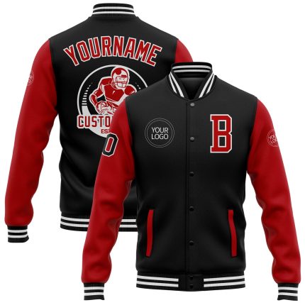 Personalized Varsity Letterman Jacket Black Red White Two Tone Full-Snap Bomber Personalized Black Red-White Bomber Full-Snap