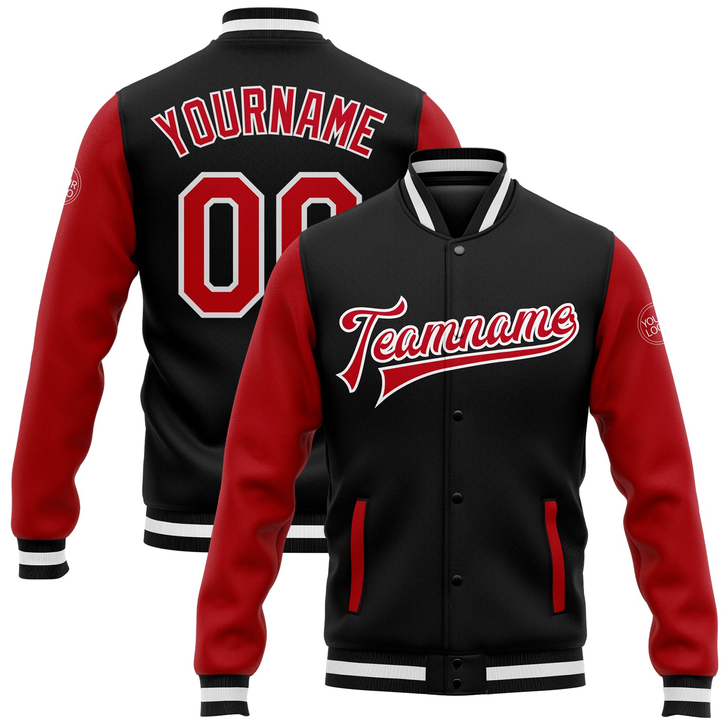 Personalized Two Tone Bomber Jacket Black Red-White Full-Snap Varsity Letterman Personalized Black Red-White Bomber Full-Snap