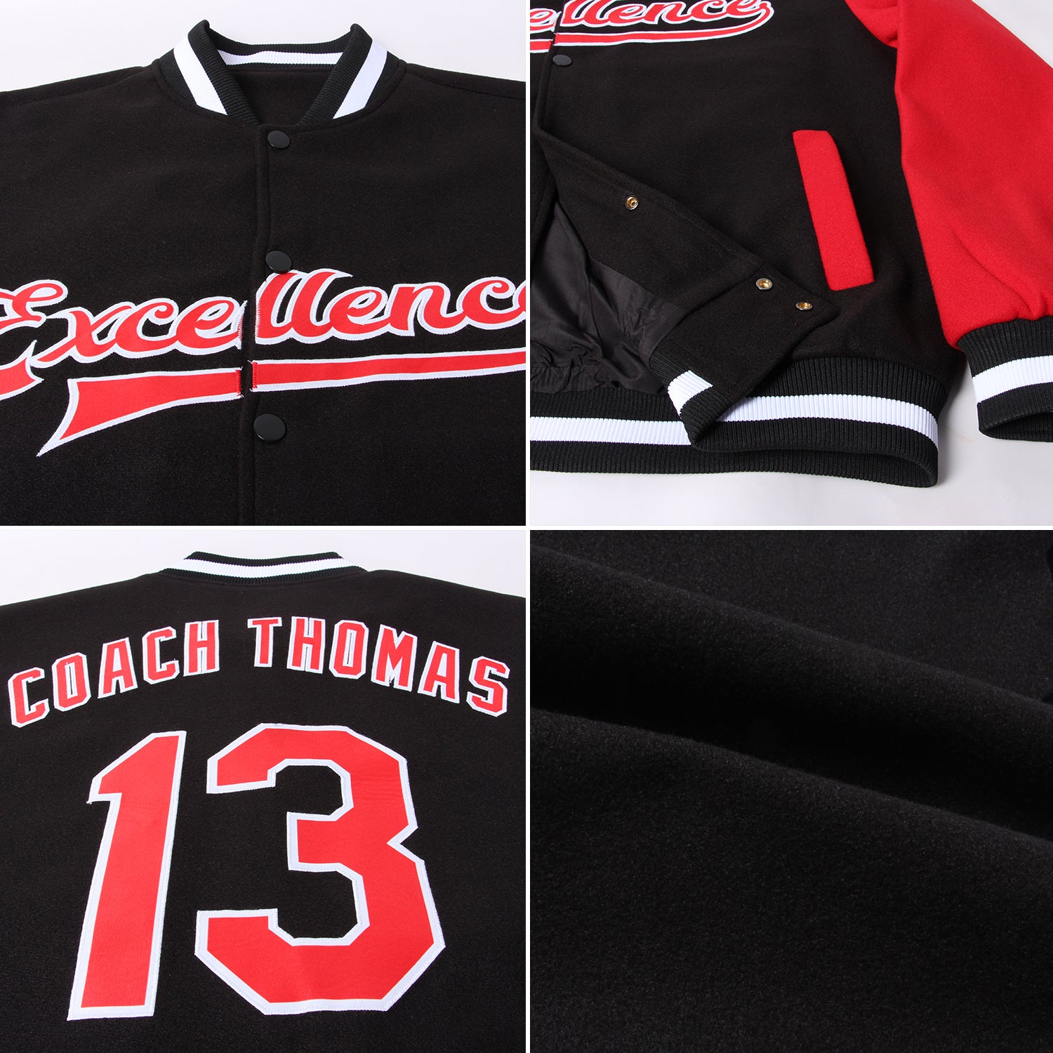 Personalized Two Tone Bomber Jacket Black Red-White Full-Snap Varsity Letterman Personalized Black Red-White Bomber Full-Snap - Image 4