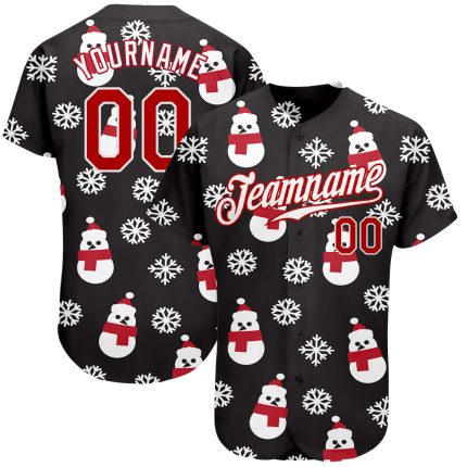 Custom Name and Number Personalized 3D Authentic Baseball Jersey - Black Red-White Christmas Design Personalized Black Red-White