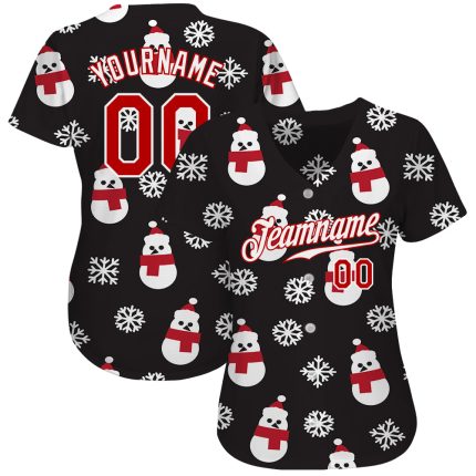 Custom Name and Number Personalized 3D Authentic Baseball Jersey - Black Red-White Christmas Design Personalized Black Red-White