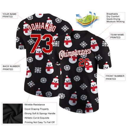 Personalized Christmas 3D Performance T-Shirt with Custom Team Name & Number - Black Red White Personalized Black Red-White