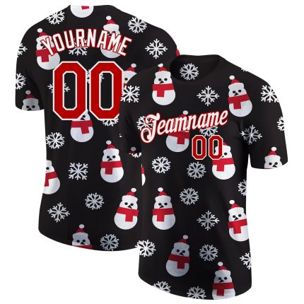 Personalized Christmas 3D Performance T-Shirt with Custom Team Name & Number - Black Red White Personalized Black Red-White