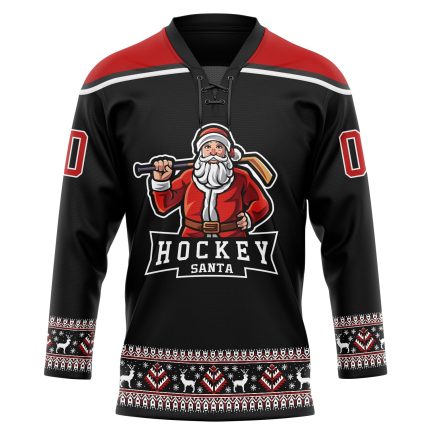Personalized Christmas Santa Claus 3D Hockey Lace Neck Jersey - Black Red White Personalized Black Red-White Christmas Santa