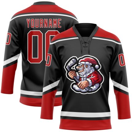 Personalized Santa Claus 3D Jersey Black Red-White Lace Neck Hockey Shirt Personalized Black Red-White Christmas Santa Claus