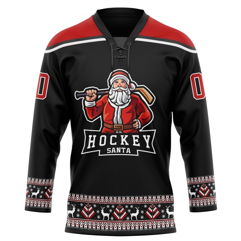 Personalized Christmas Santa Claus Black Red-White 3D Hockey Lace Neck Jersey Personalized Black Red-White Christmas Santa