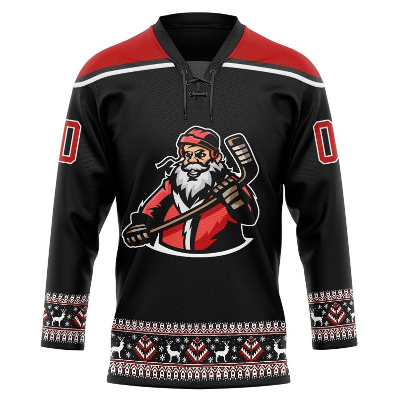 Personalized Santa Claus 3D Hockey Jersey - Black Red White Lace Neck Design for Christmas 4 Personalized Black Red-White