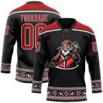 Personalized Santa Claus 3D Hockey Jersey - Black Red White Lace Neck Design for Christmas 4 Personalized Black Red-White