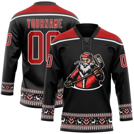 Personalized Santa Claus 3D Hockey Jersey - Black Red White Lace Neck Design for Christmas 4 Personalized Black Red-White