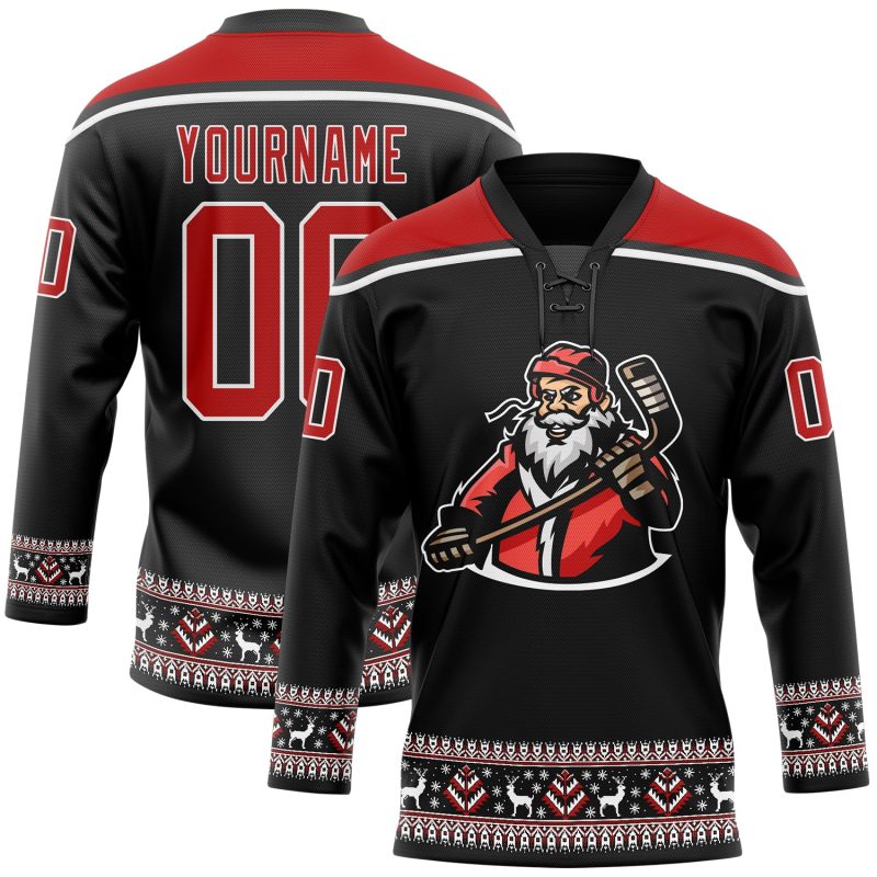 Personalized Santa Claus 3D Hockey Jersey - Black Red White Lace Neck Design for Christmas 4 Personalized Black Red-White