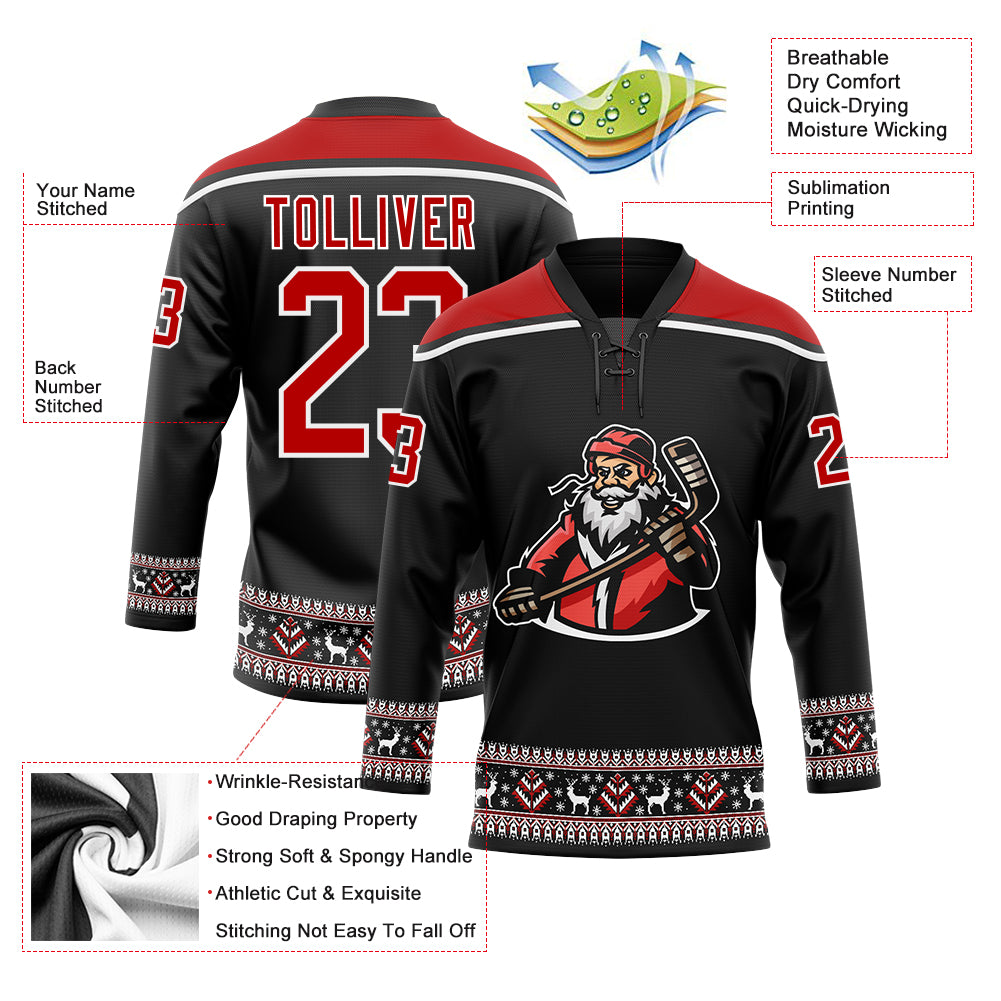 Personalized Santa Claus 3D Hockey Jersey - Black Red White Lace Neck Design for Christmas 4 Personalized Black Red-White - Image 3