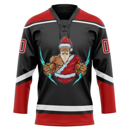 Personalized Santa Claus 3D Hockey Lace Neck Jersey - Black Red-White, Size 42, Perfect for Christmas Personalized Black