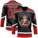 Personalized Santa Claus 3D Hockey Lace Neck Jersey - Black Red-White, Size 42, Perfect for Christmas Personalized Black