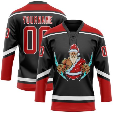 Personalized Santa Claus 3D Hockey Lace Neck Jersey - Black Red-White, Size 42, Perfect for Christmas Personalized Black