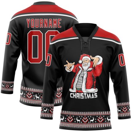 Personalized Christmas Santa Claus 3D Hockey Lace Neck Jersey Black Red-White Size 44 Personalized Black Red-White Christmas