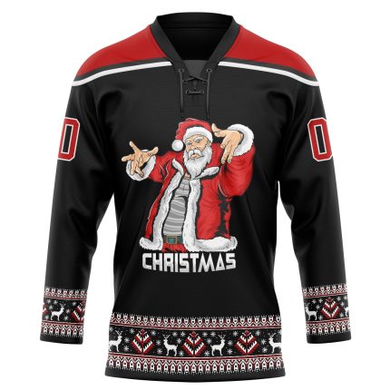 Personalized Christmas Santa Claus 3D Hockey Lace Neck Jersey Black Red-White Size 44 Personalized Black Red-White Christmas