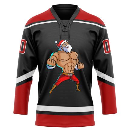 Personalized Christmas Santa Claus 3D Lace Neck Jersey in Black Red-White for Hockey Fans Personalized Black Red-White Christmas