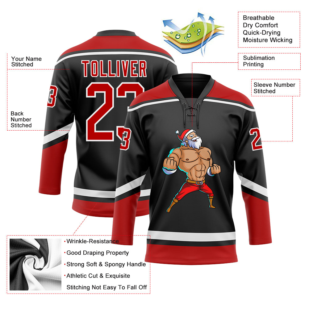 Personalized Christmas Santa Claus 3D Lace Neck Jersey in Black Red-White for Hockey Fans Personalized Black Red-White Christmas - Image 3