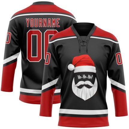 Personalized Santa Claus 3D Hockey Lace Neck Jersey - Black Red White, Size 46, Christmas Gift Personalized Black Red-White