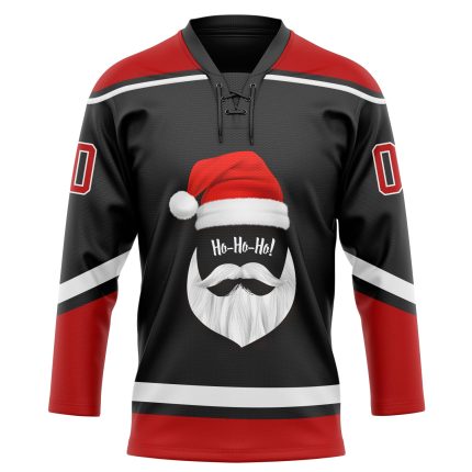 Personalized Santa Claus 3D Hockey Lace Neck Jersey - Black Red White, Size 46, Christmas Gift Personalized Black Red-White