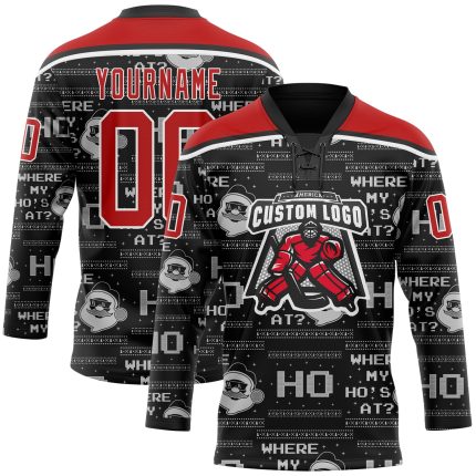 Personalized Christmas Santa Claus 3D Hockey Lace Neck Jersey - Black Red White 47 Personalized Black Red-White Christmas