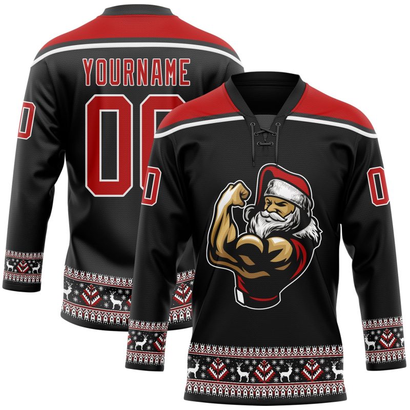 Personalized Christmas 3D Santa Claus Hockey Jersey Black Red-White Size 5 Personalized Black Red-White Christmas Santa Claus