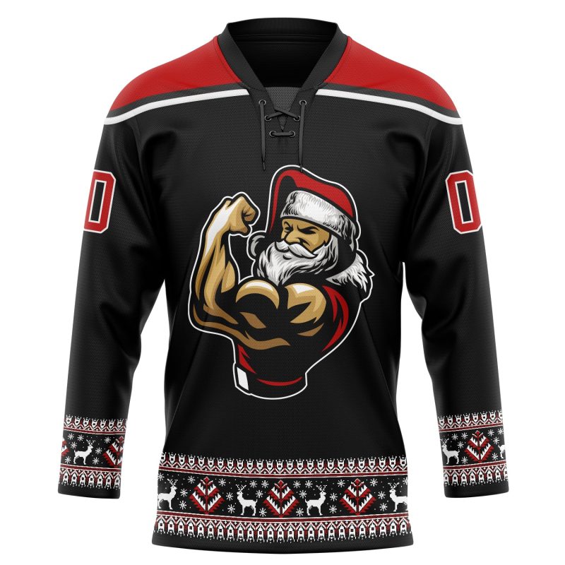 Personalized Christmas 3D Santa Claus Hockey Jersey Black Red-White Size 5 Personalized Black Red-White Christmas Santa Claus