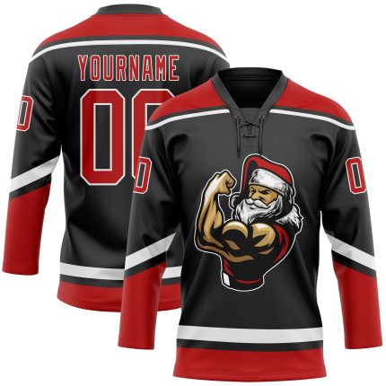 Personalized Christmas Santa Claus Hockey Lace Neck Jersey Black Red-White 3D Size 6 Personalized Black Red-White Christmas