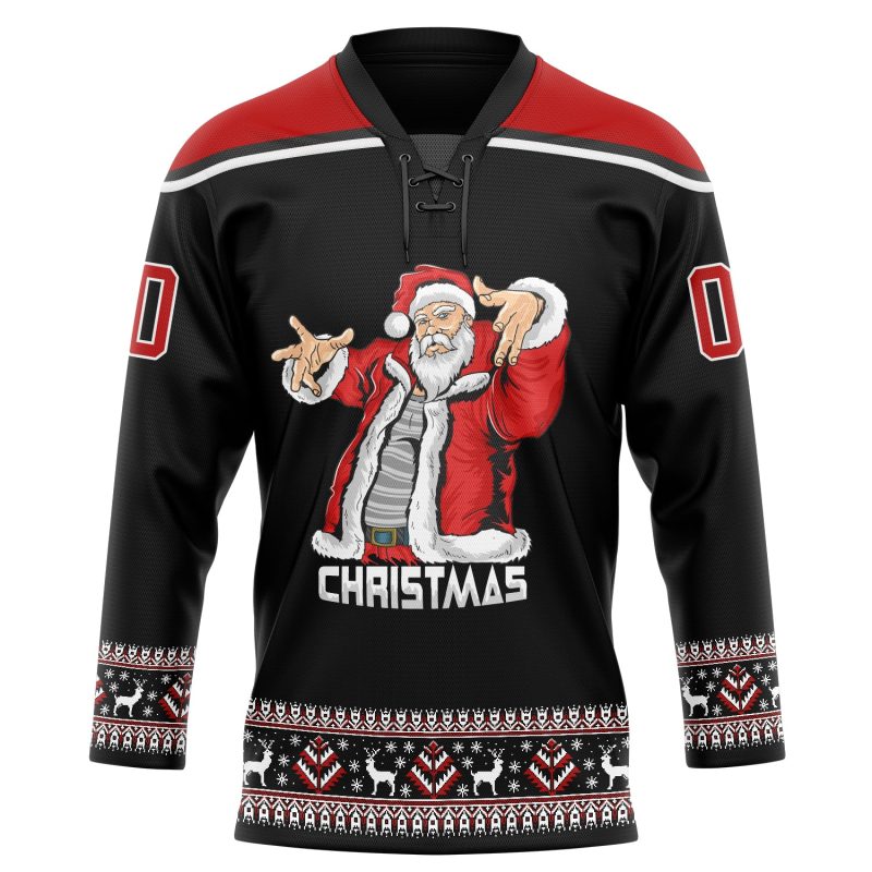 Personalized Christmas Santa Claus Jersey 3D Black Red-White Hockey Lace Neck 8897 Personalized Black Red-White Christmas