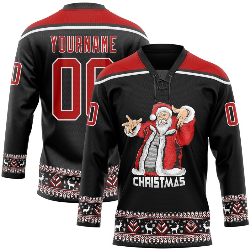 Personalized Christmas Santa Claus Jersey 3D Black Red-White Hockey Lace Neck 8897 Personalized Black Red-White Christmas