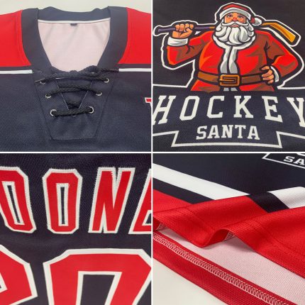 Personalized Santa Claus 3D Hockey Jersey with Custom Name & Number, Black Red White Team Gear Personalized Black Red-White