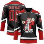 Personalized Santa Claus 3D Hockey Lace Neck Jersey Custom Name & Number - Black Red White Team 8897 Personalized Black Red-White
