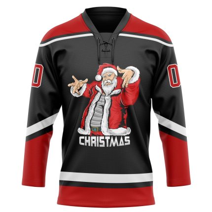 Personalized Santa Claus 3D Hockey Lace Neck Jersey Custom Name & Number - Black Red White Team 8897 Personalized Black Red-White