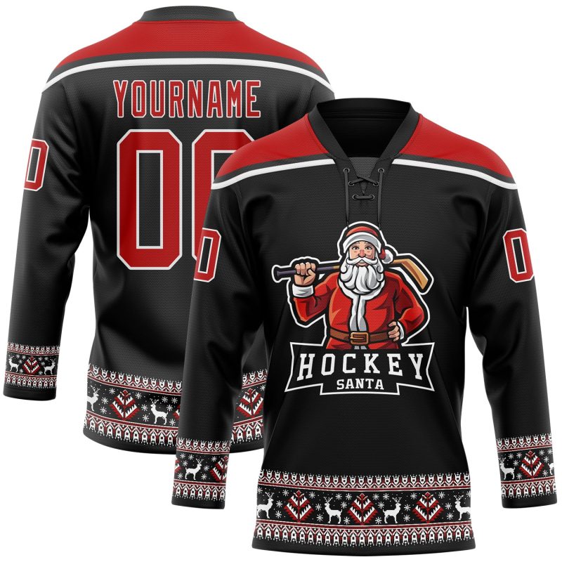 Personalized Christmas Santa Claus Black Red-White 3D Hockey Lace Neck Jersey Personalized Black Red-White Christmas Santa