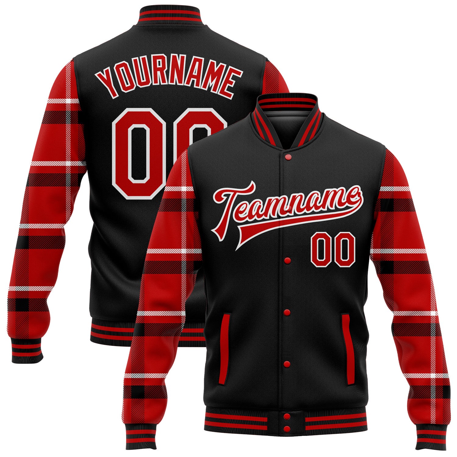 Custom Name Number Personalized Western Plaid Bomber Varsity Jacket Black Red-White 3D Pattern Full-Snap Team Apparel Personalized