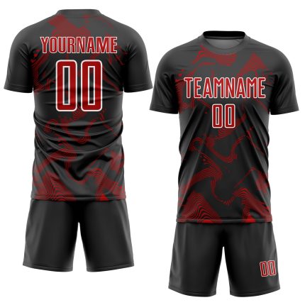 Personalized Soccer Jersey with Black Red-White Curve Lines Sublimation Design Personalized Black Red-White Curve Lines Sublimation