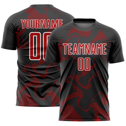 Personalized Soccer Jersey with Black Red-White Curve Lines Sublimation Design Personalized Black Red-White Curve Lines Sublimation