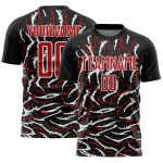 Personalized Soccer Jersey with Black Red-White Curved Wavy Lines Design, Sublimation Print Personalized Black Red-White