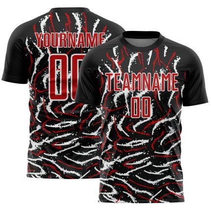 Personalized Soccer Jersey with Black Red-White Curved Wavy Lines Design, Sublimation Print Personalized Black Red-White
