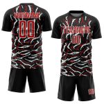 Custom Sublimation Soccer Jersey with Personalized Name and Number - Black Red White Curved Wavy Lines Design Personalized