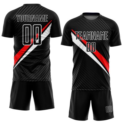 Customizable Diagonal Lines Soccer Jersey - Black Red and White Sublimation Uniform Personalized Black Red-White Diagonal