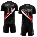 Custom Name and Number Soccer Jersey - Personalized Black Red White Diagonal Lines Uniform Personalized Black Red-White Diagonal
