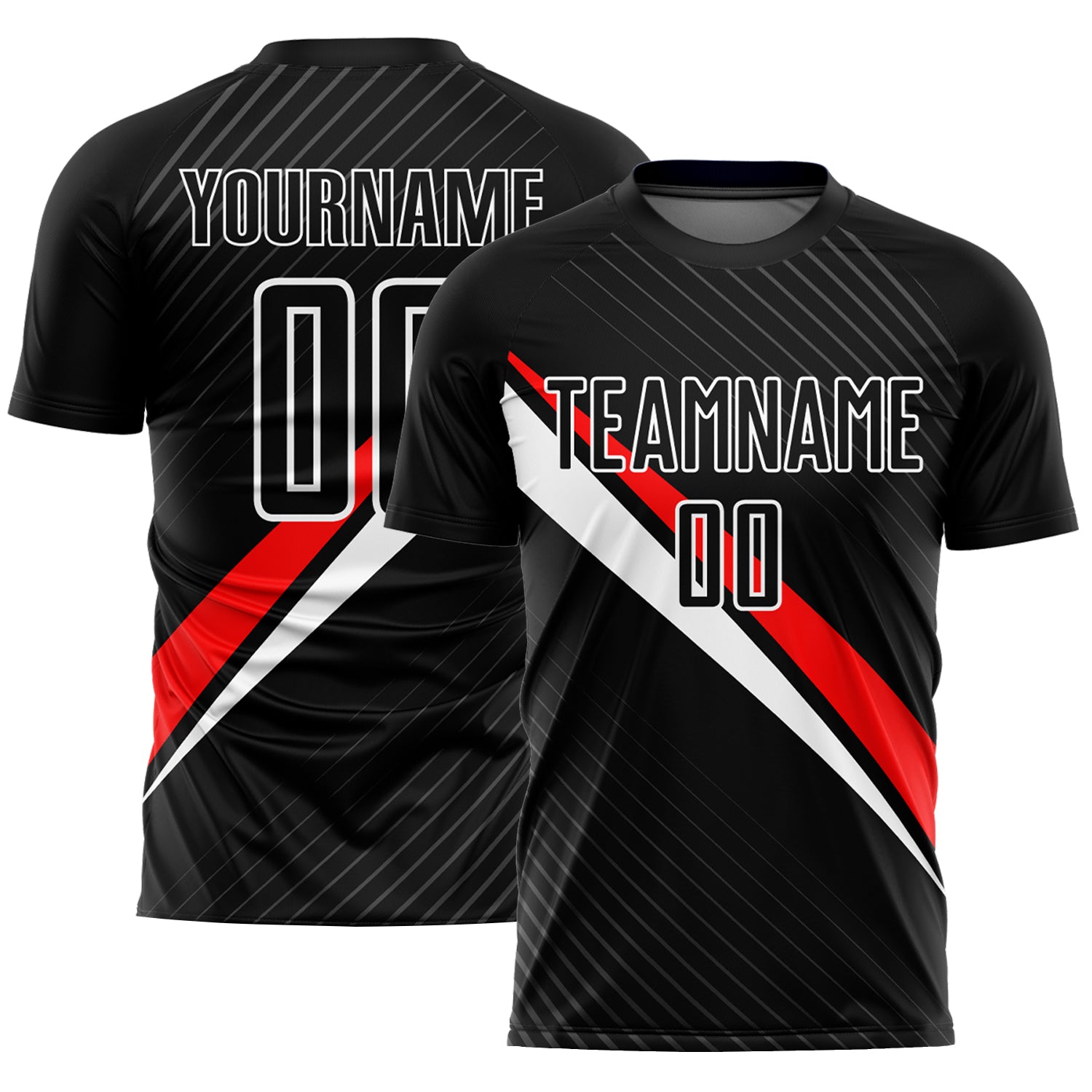 Custom Name and Number Soccer Jersey - Personalized Black Red White Diagonal Lines Uniform Personalized Black Red-White Diagonal