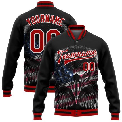 Personalized 3D Eagle American Flag Bomber Varsity Letterman Jacket - Black Red-White Full-Snap Personalized Black Red-White